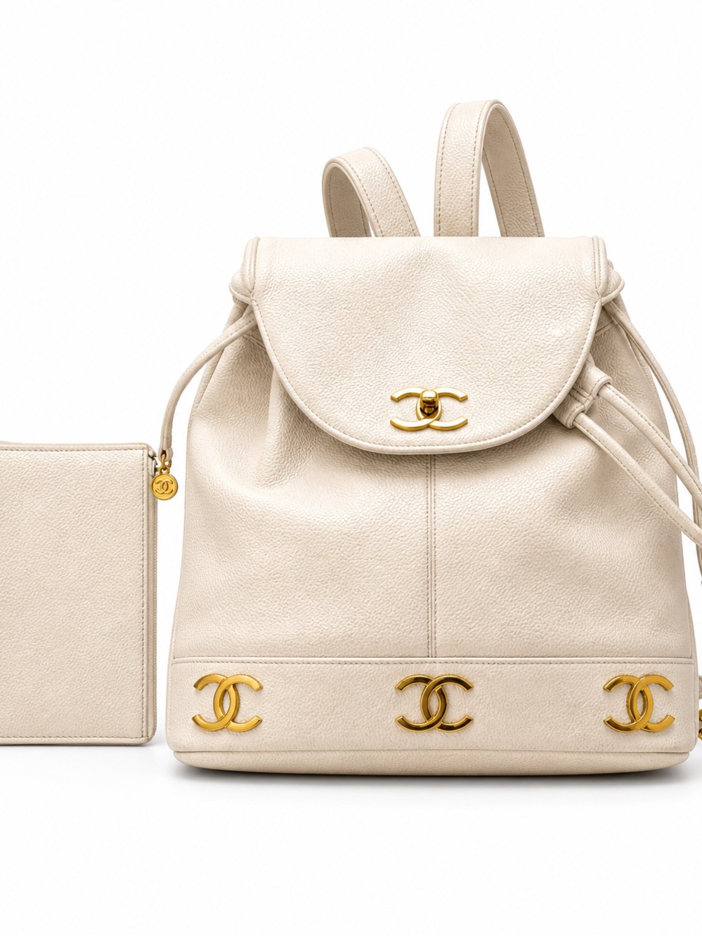 CHANEL Cream Leather Backpack with Gold CC Hardware